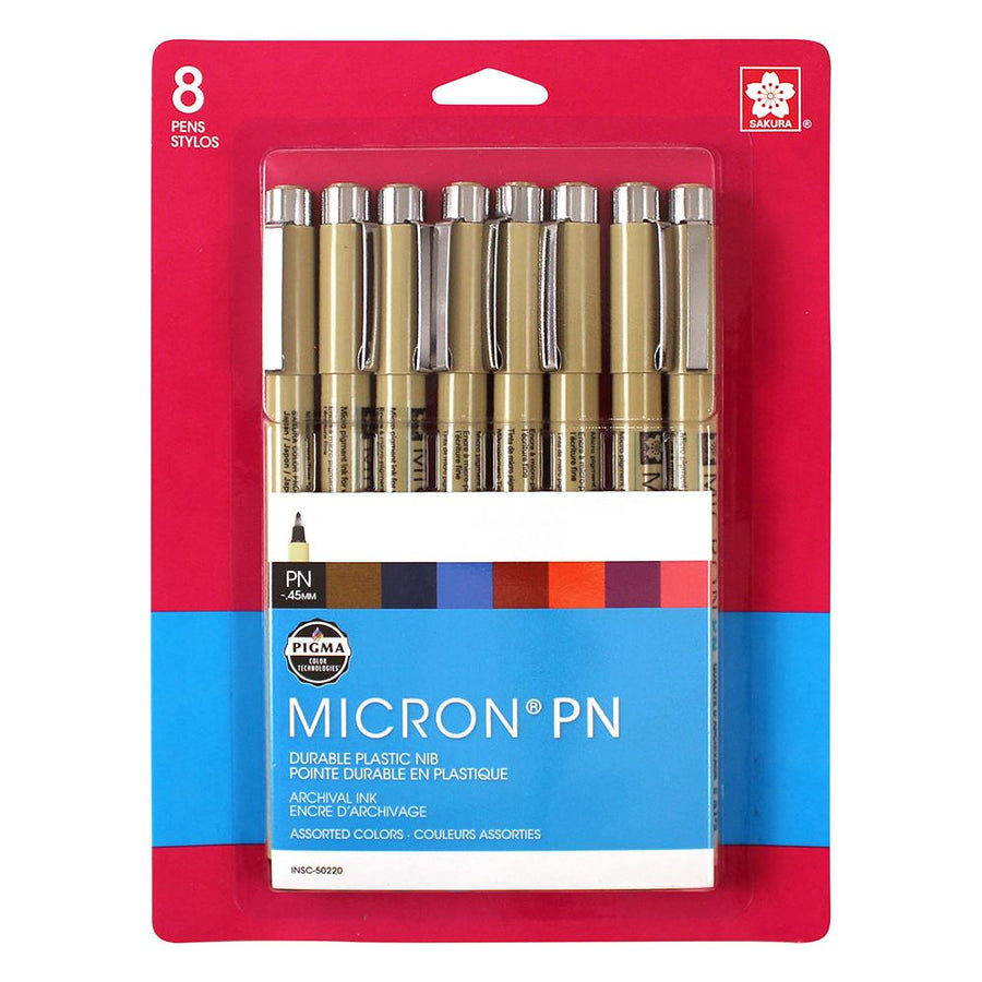 Sakura Pigma Micron PN - Plastic Nib 8 Pc Set; Contains 1 ea: Black, Blue, Red, Purple, Rose, Sepia, Burgundy, Blue/Black