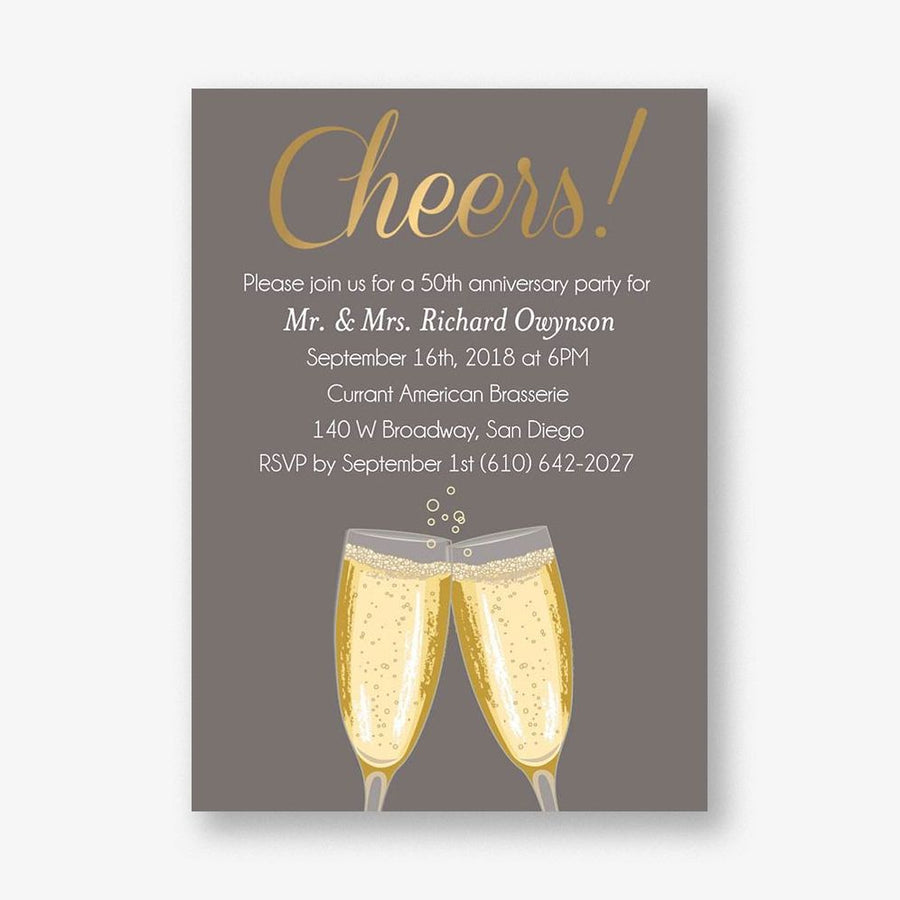 Gold Foil Stamped Cheers Script Anniversary Party Invitation